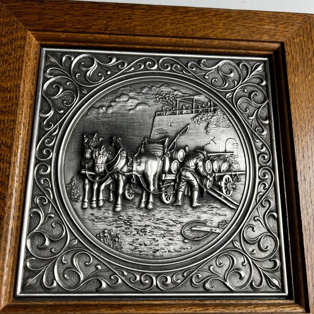Vintage SKS Zinn 95 Pewter Relief Horse Beer Wagon Oak Key Cabinet Germany